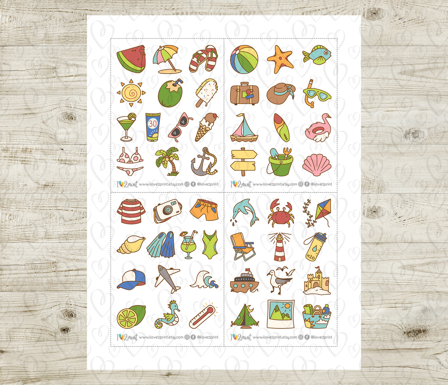 50 Summer Printable Icons Stickers – COLOR Planner Icons - PDF & Cut Files