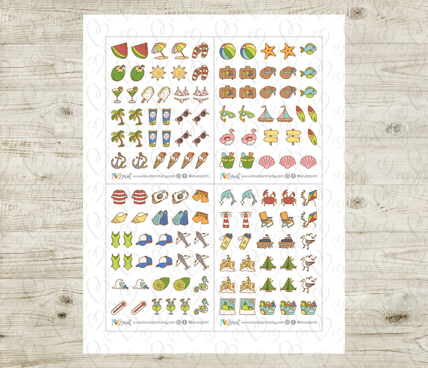 50 Summer Printable Icons Stickers – COLOR Planner Icons - PDF & Cut Files