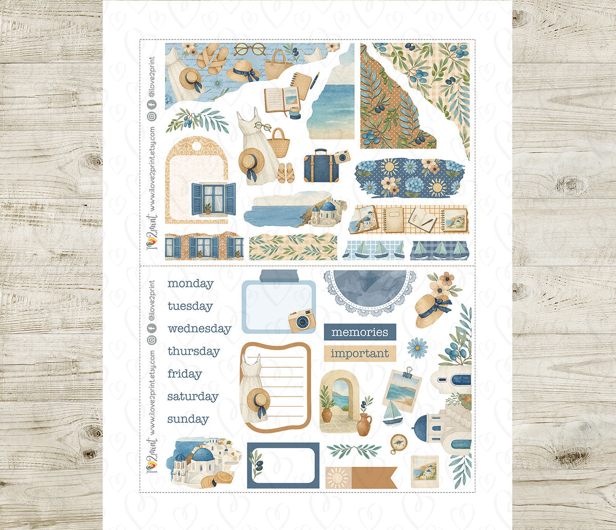 Summer in Greece Journal Printable Stickers | Travel Bujo Aegean | PDF Cut Files | Instant Download