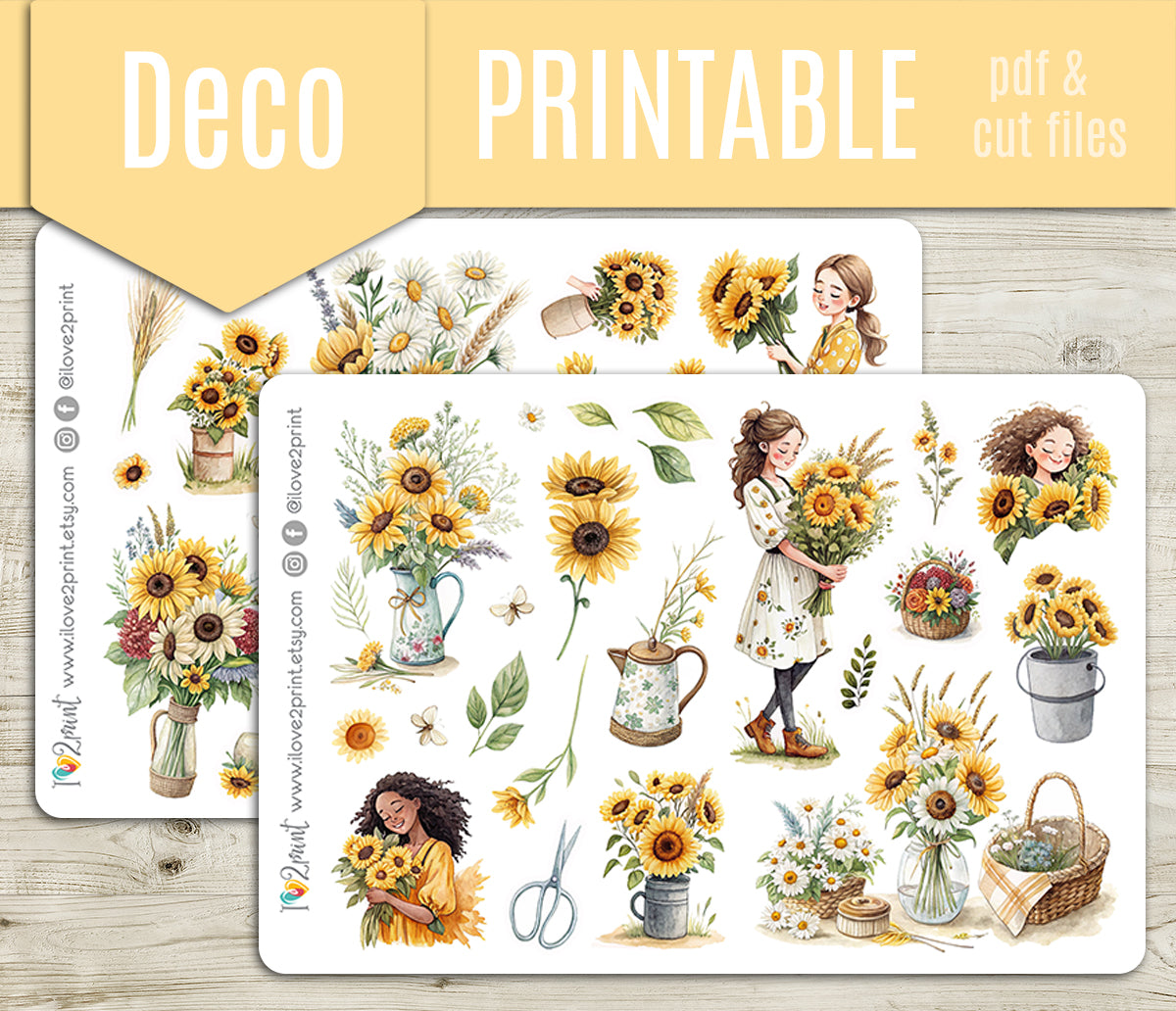 Sunflower Decorative Stickers - Printable PDF & Cut Files