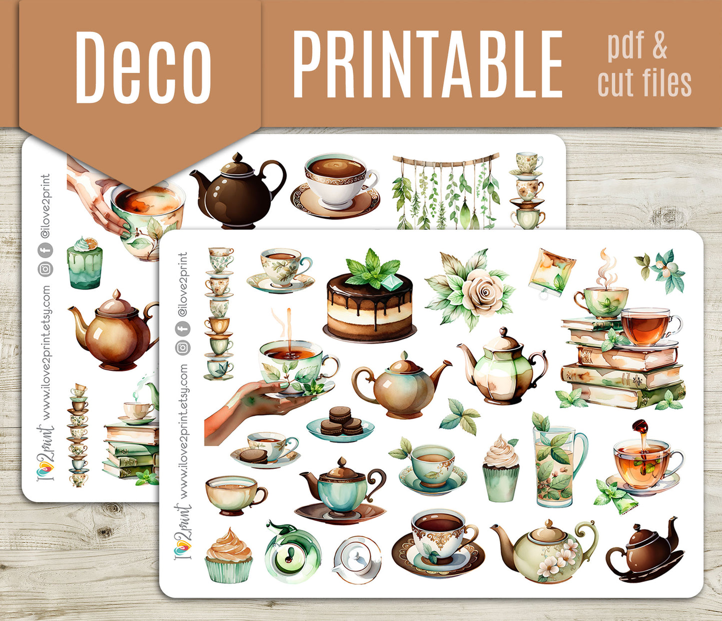 Tea Time Decorative Stickers - Printable PDF & Cut Files