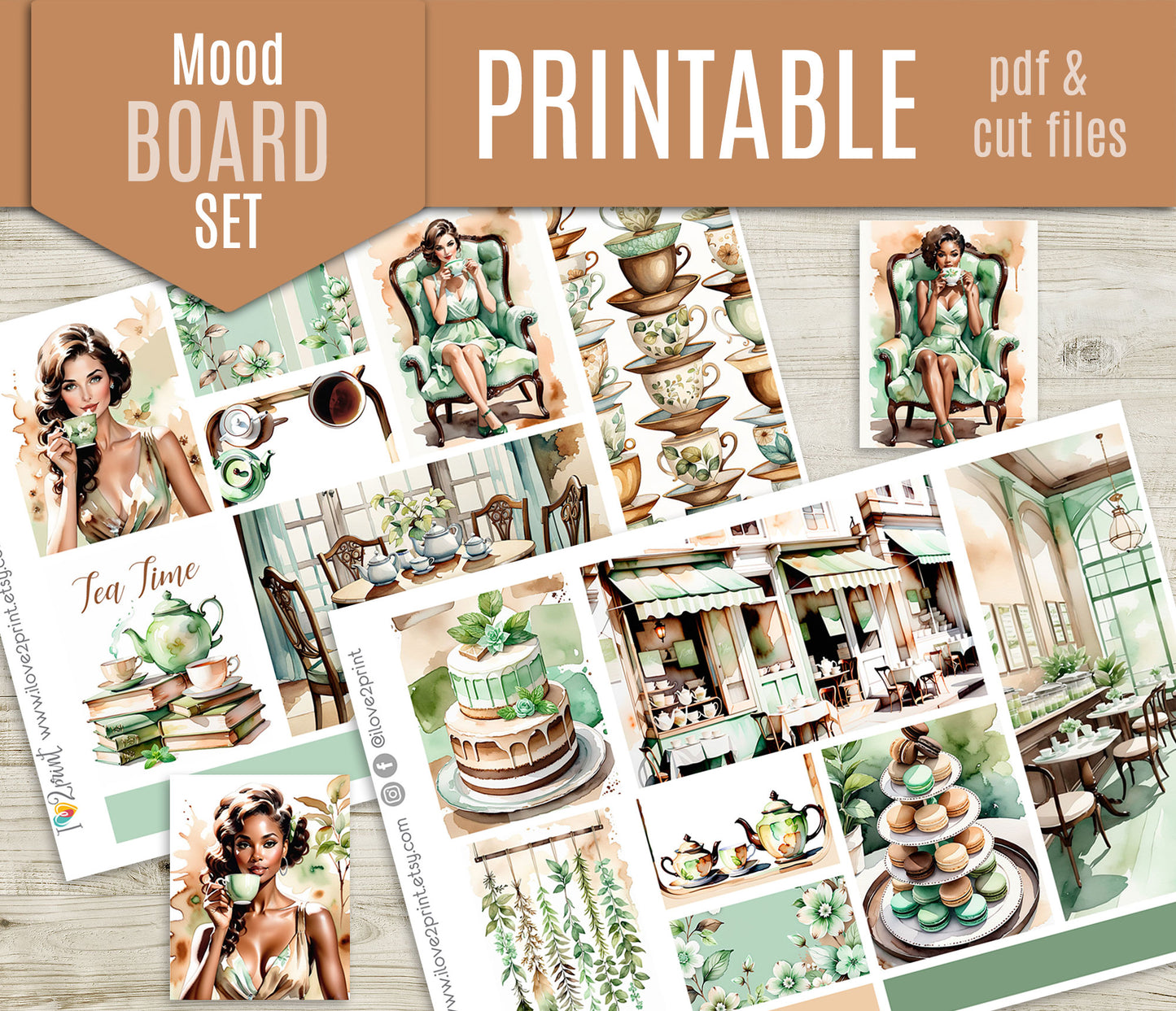 Tea Time Moodboard Stickers - 1,5"boxes Printable PDF & Cut Files