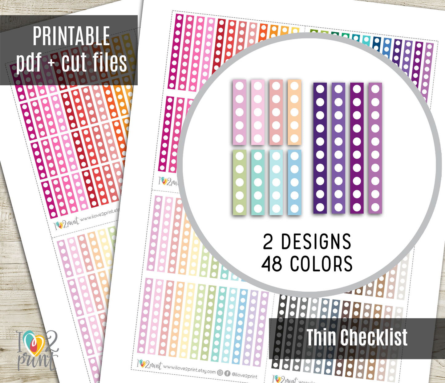 Thin Checklist Color Printable Planner Stickers - PDF & Cut Files