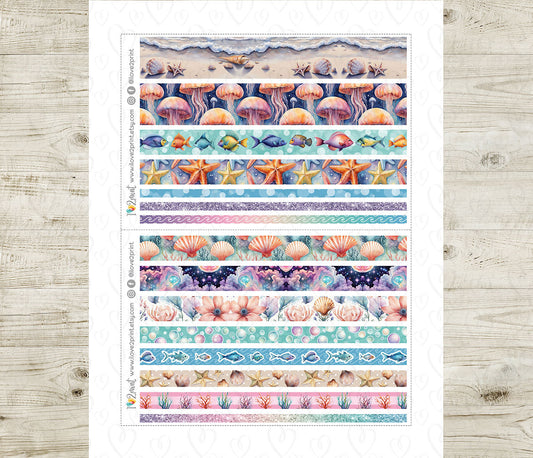 Under the Sea Washi Tape Printable Stickers | Purple Turquoise Mermaid Strips | PDF Cut Files