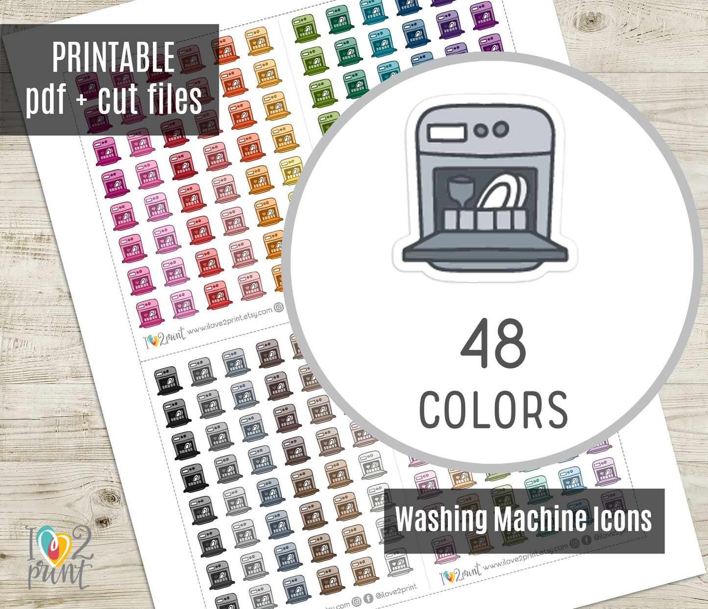 Dishwasher Icons Stickers - Functional Printable Stickers - PDF & Cut Files