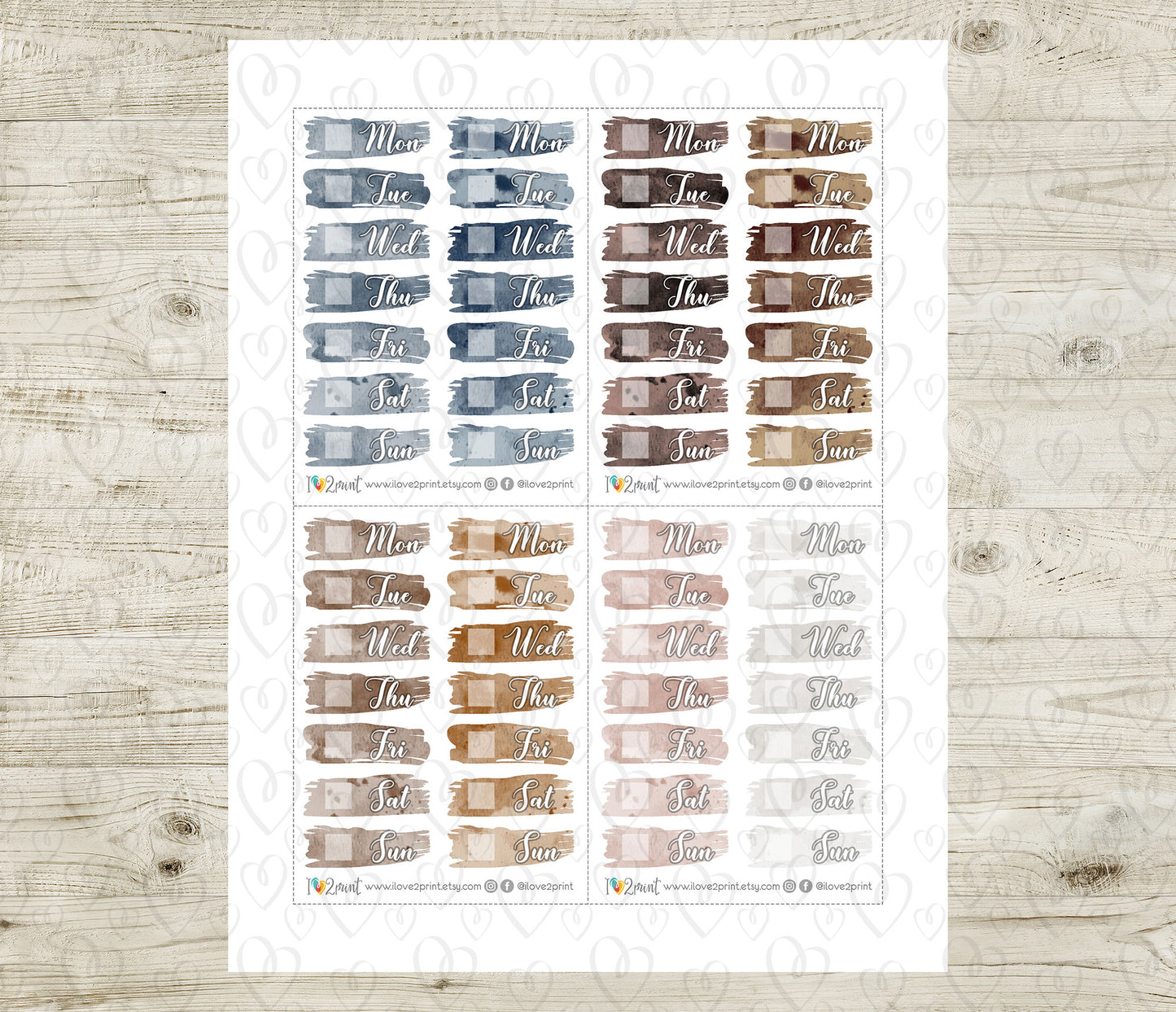 Watercolor Brush Week Days Pastel Printable Stickers | Soft Covers | PDF Cut Files