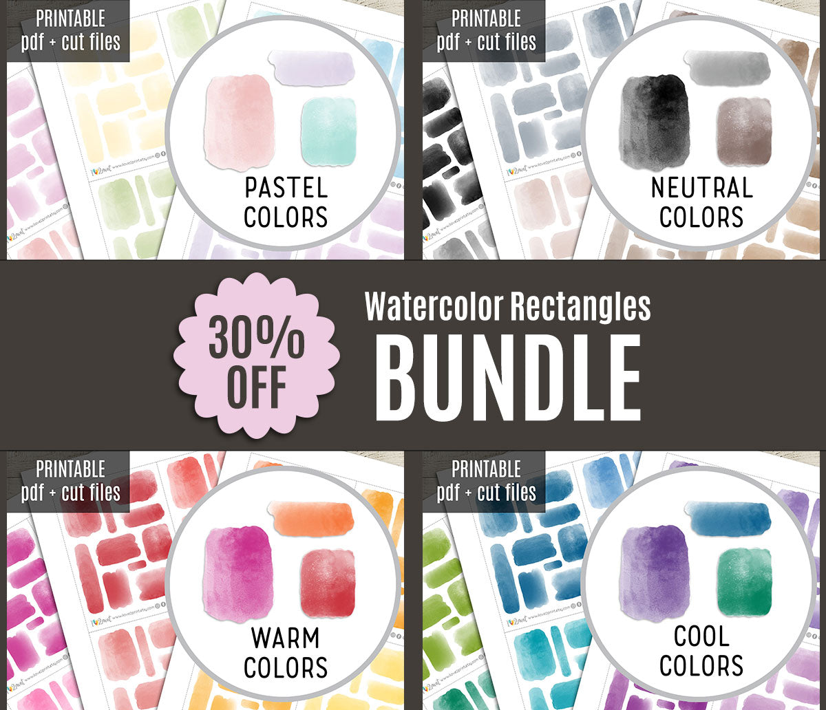 Watercolor Rectangles Printable Stickers Set – BUNDLE Functional & Decorative Overlays – PDF + Cut Files