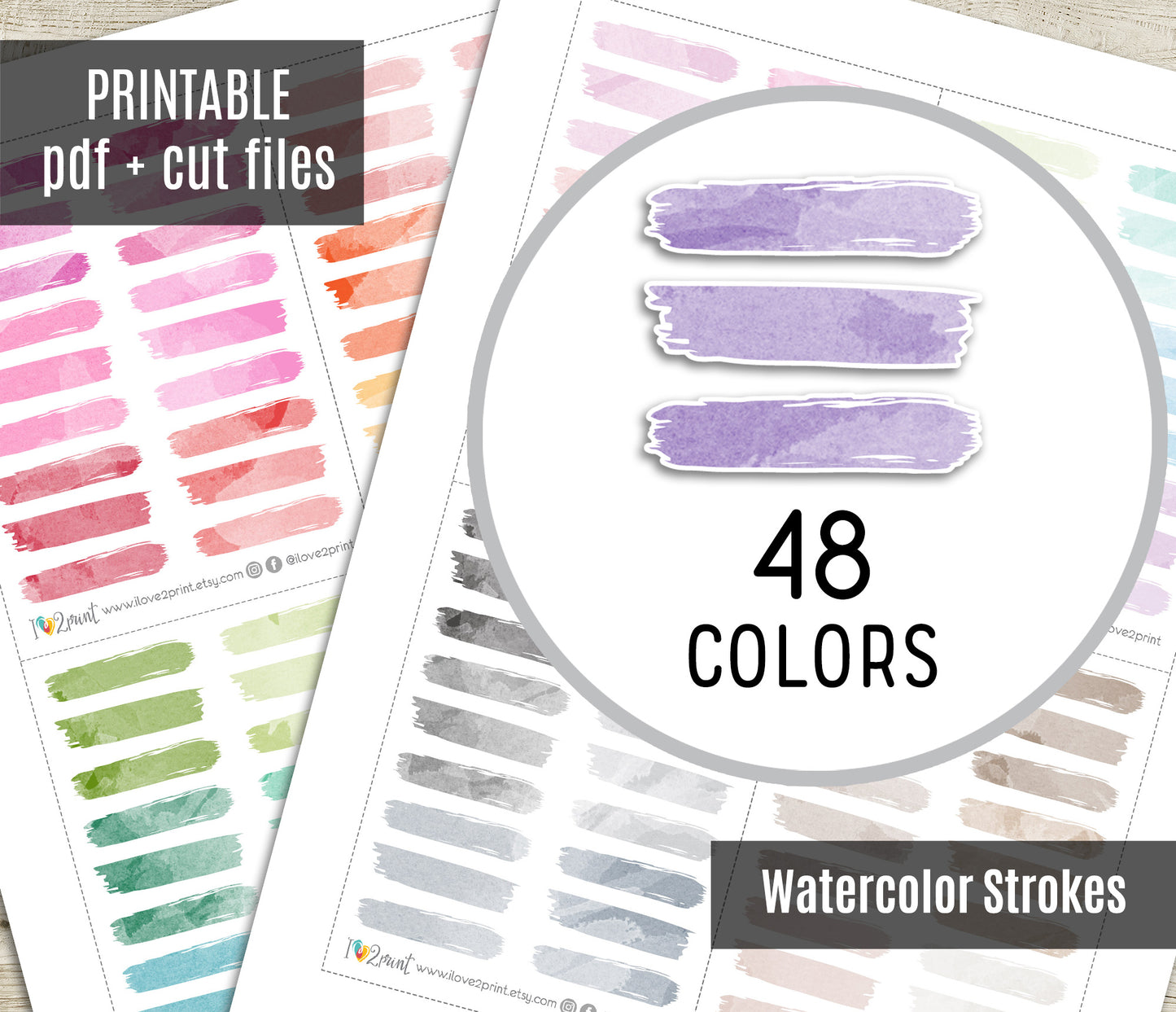 Watercolor Brush Stroke Printable Planner Stickers - PDF & Cut Files