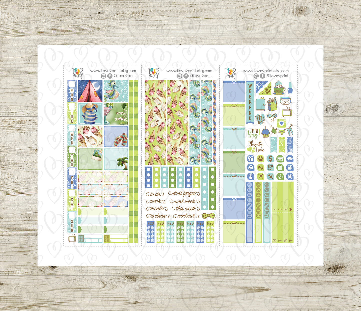 Watercolor Summer Hobonichi Weeks Stickers | Hand Painted Sea Slim Fit | PDF Cut Files