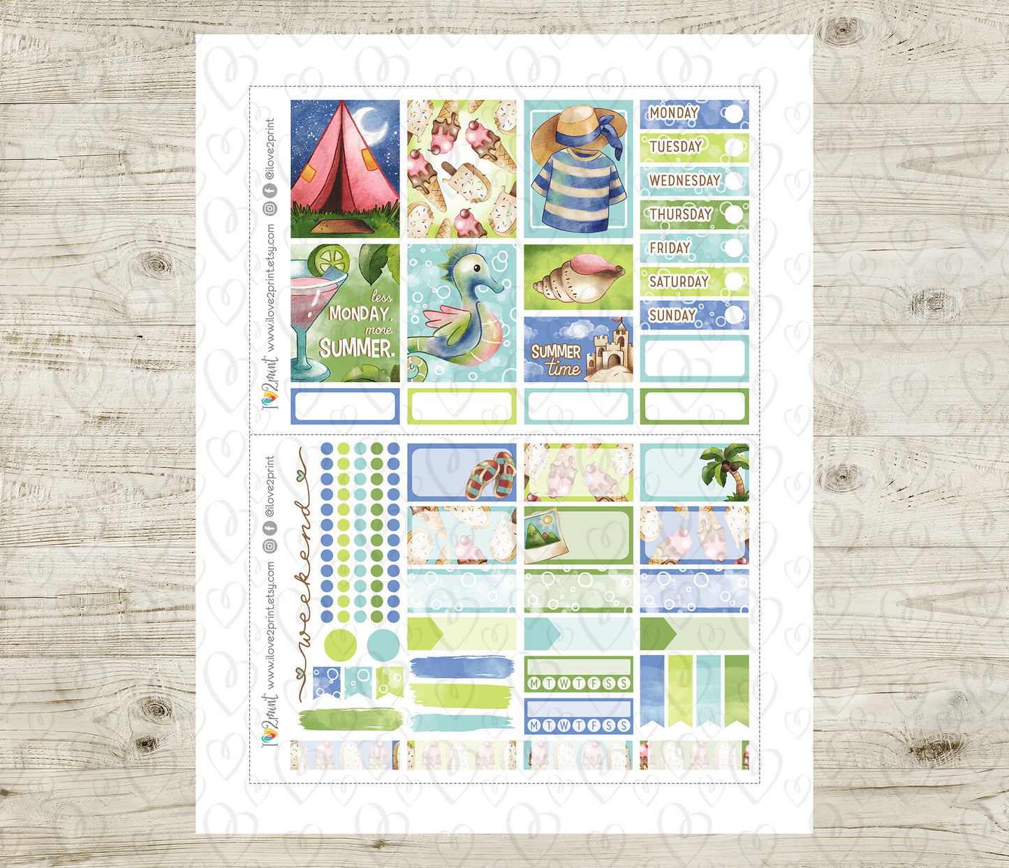 Watercolor Summer Vertical Layout Stickers | Hand Painted Sea Column | PDF Cut Files