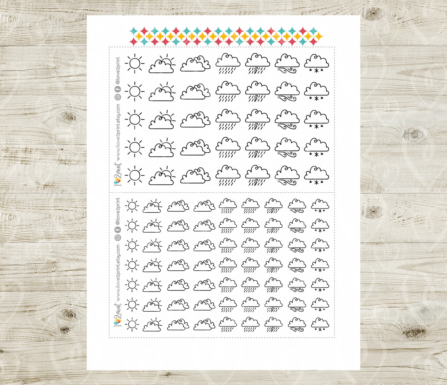 Minimal Mixed B&W Weather Icons Stickers - Functional Printable Stickers - PDF & Cut Files
