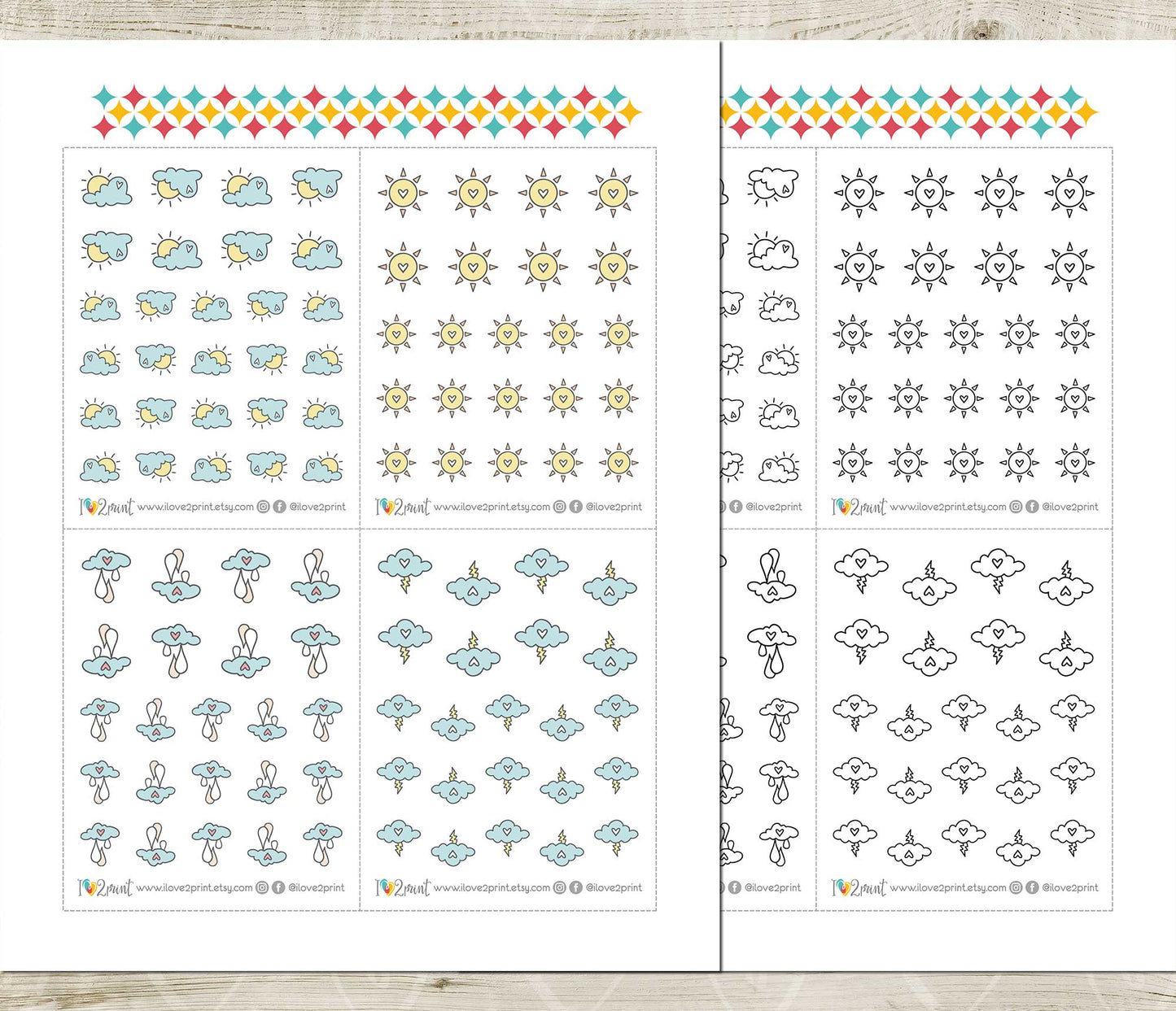 Weather Cute Icons Stickers Set - Functional Printable Stickers - PDF & Cut Files