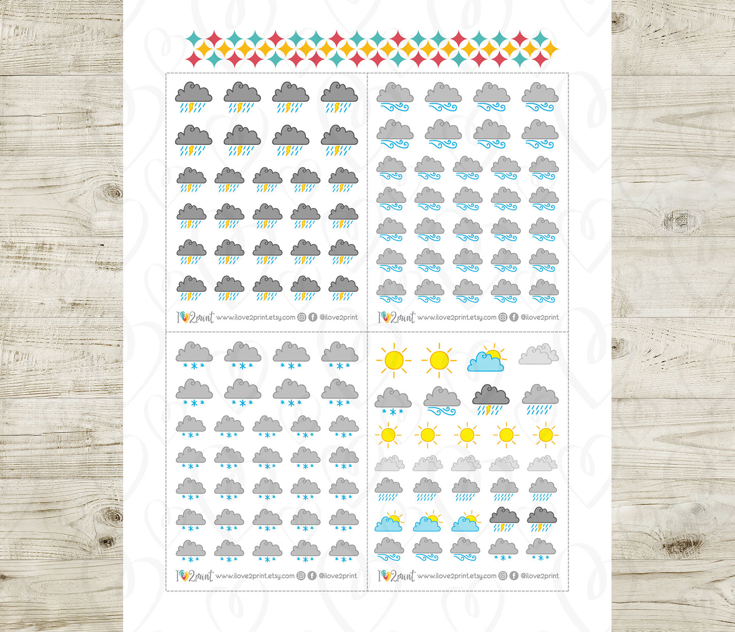 Minimal Weather Color Icons Stickers Set II - Functional Printable Stickers - PDF & Cut Files