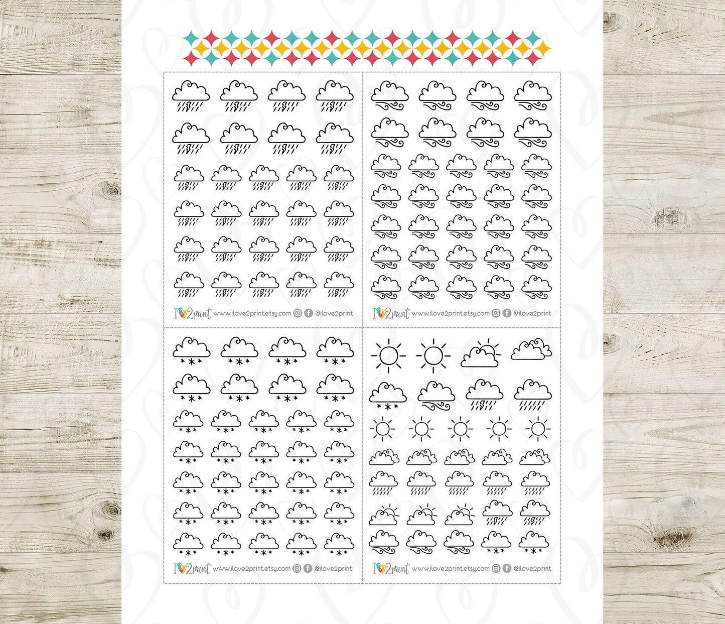 Minimal Weather B&W Icons Stickers Set II - Functional Printable Stickers - PDF & Cut Files