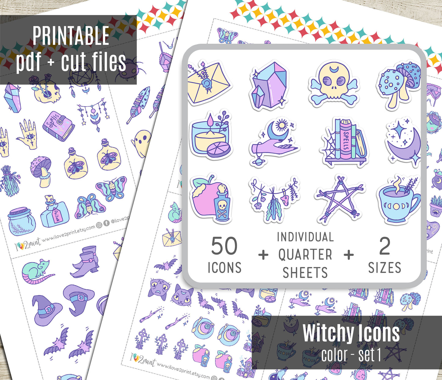50 Witchy Color Icons Stickers set I – Printable Planner Icons (PDF & Cut Files)