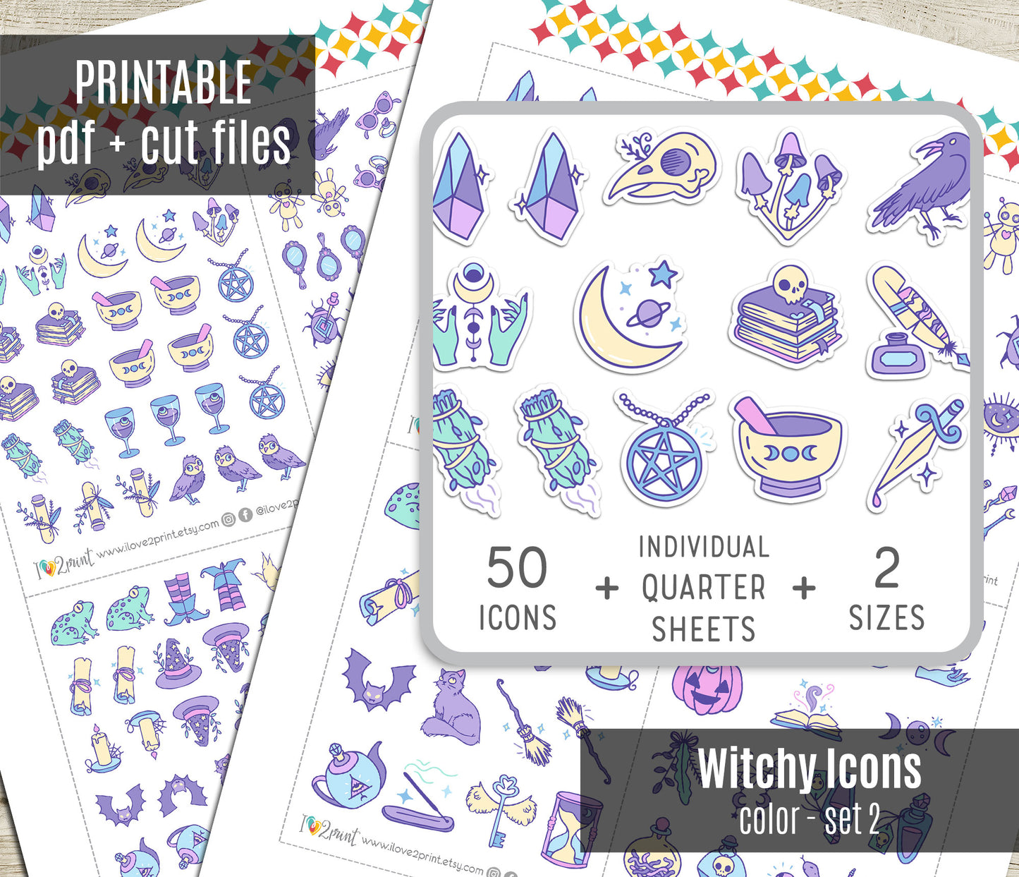 50 Witchy Color Icons Stickers set 2 – Printable Planner Icons (PDF & Cut Files)