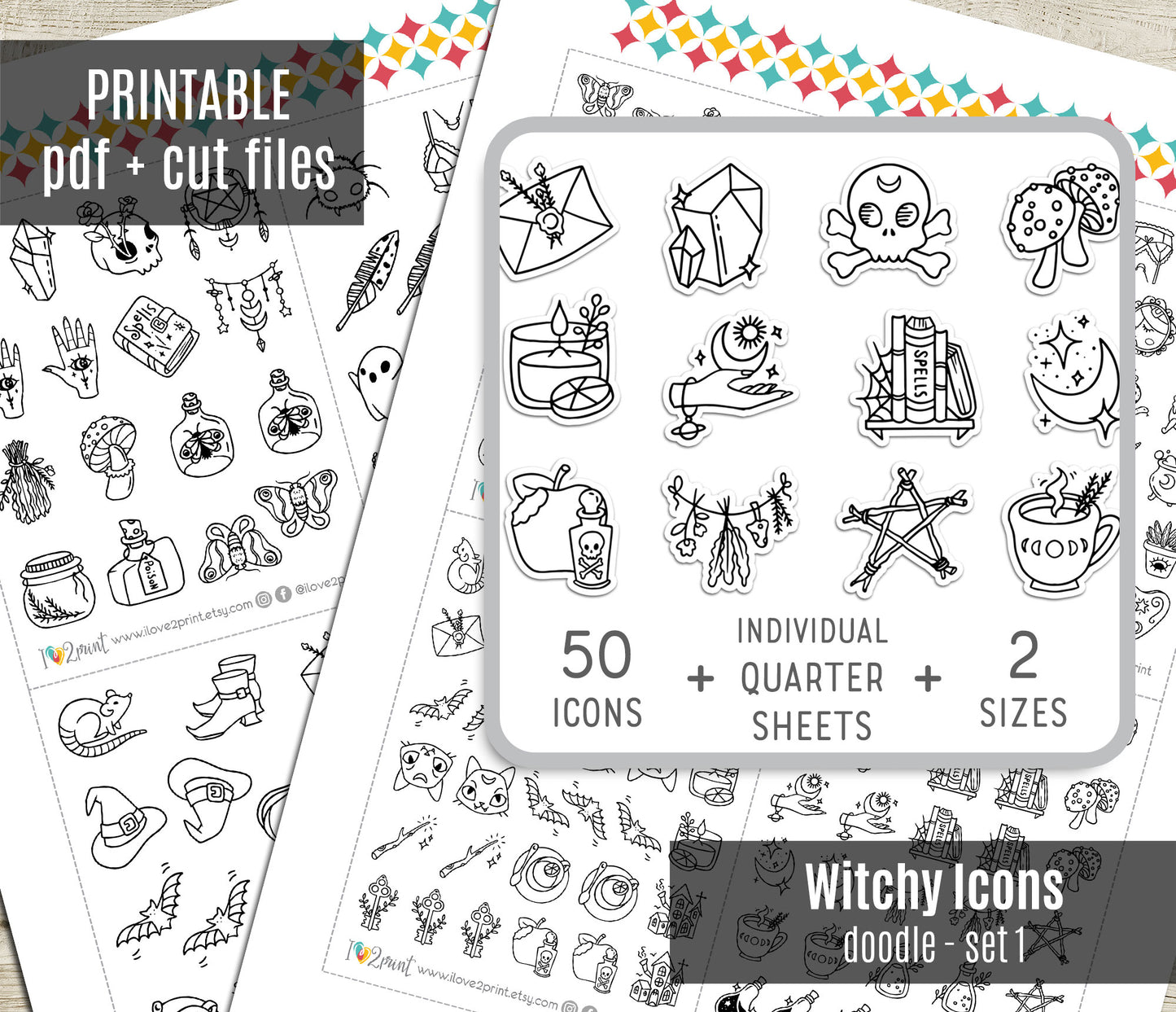 50 Witchy Stamp Icons Stickers set I – Printable Planner Icons (PDF & Cut Files)