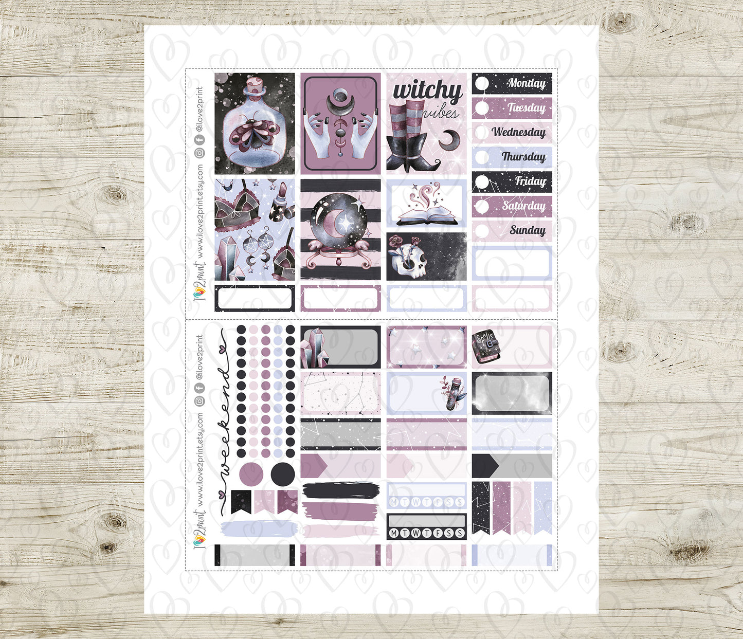 Witchy Vibes Mini Vertical Stickers – Modern Witch Planner Kit for Vertical Layouts - Printable PDF & Cut Files