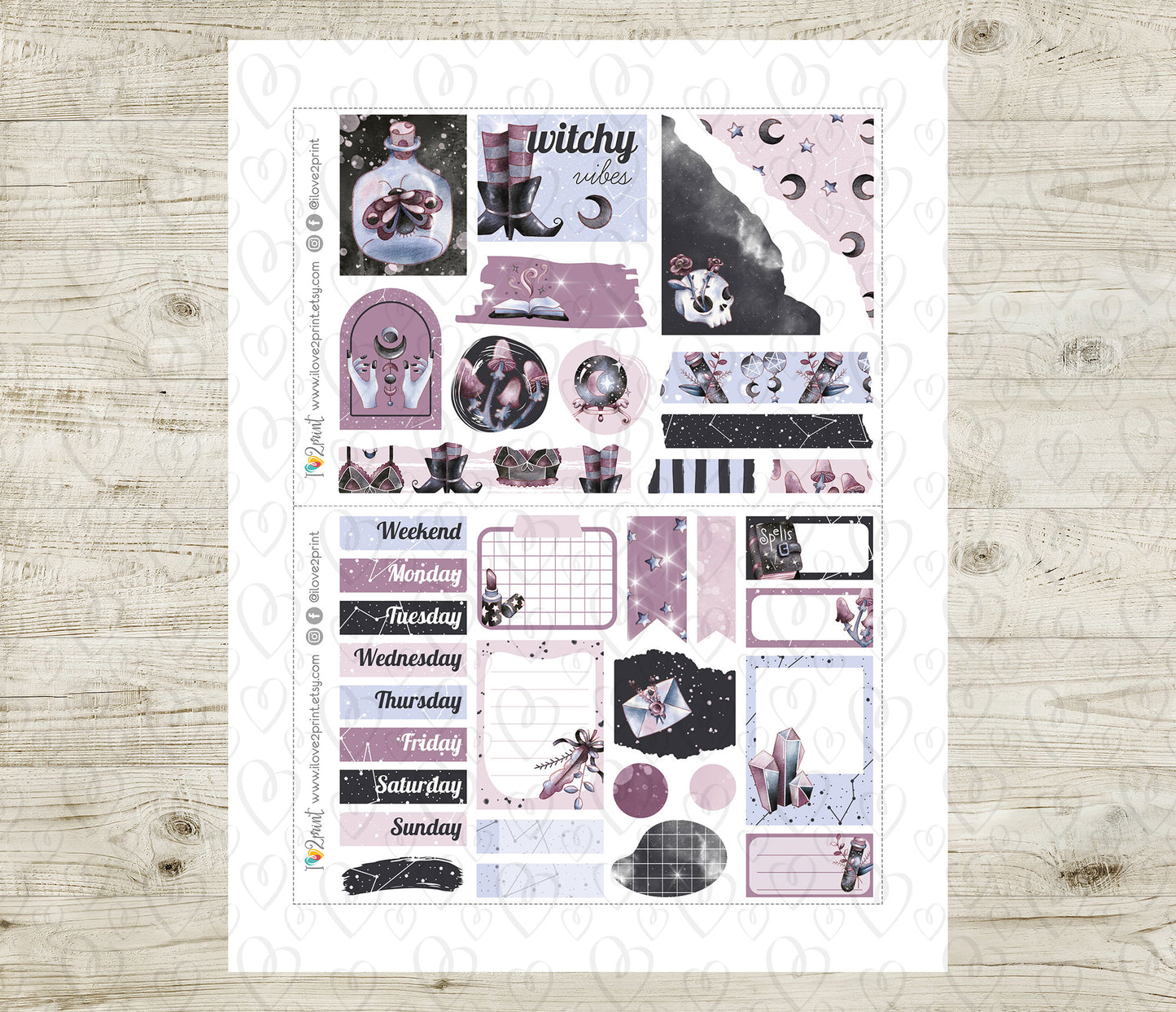 Witchy Vibes Journal Stickers – Hand-Drawn Modern Witch Bullet Journal Kit - Printable Pdf + Cut Files