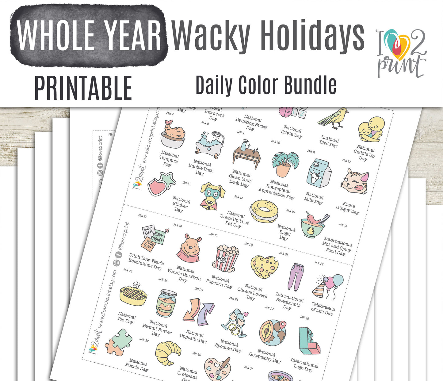 377 Wacky Holidays Stickers – COLOR Daily Fun Printable Planner Icons - PDF & Cut Files