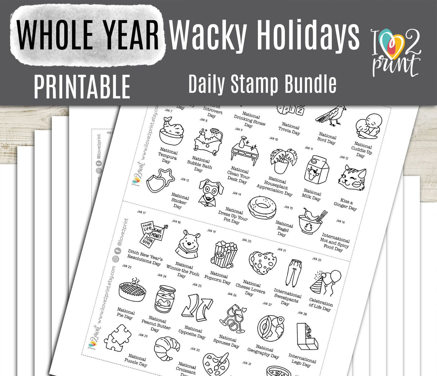 377 Wacky Holidays Stickers – DOODLE Daily Fun Printable Planner Icons - PDF & Cut Files