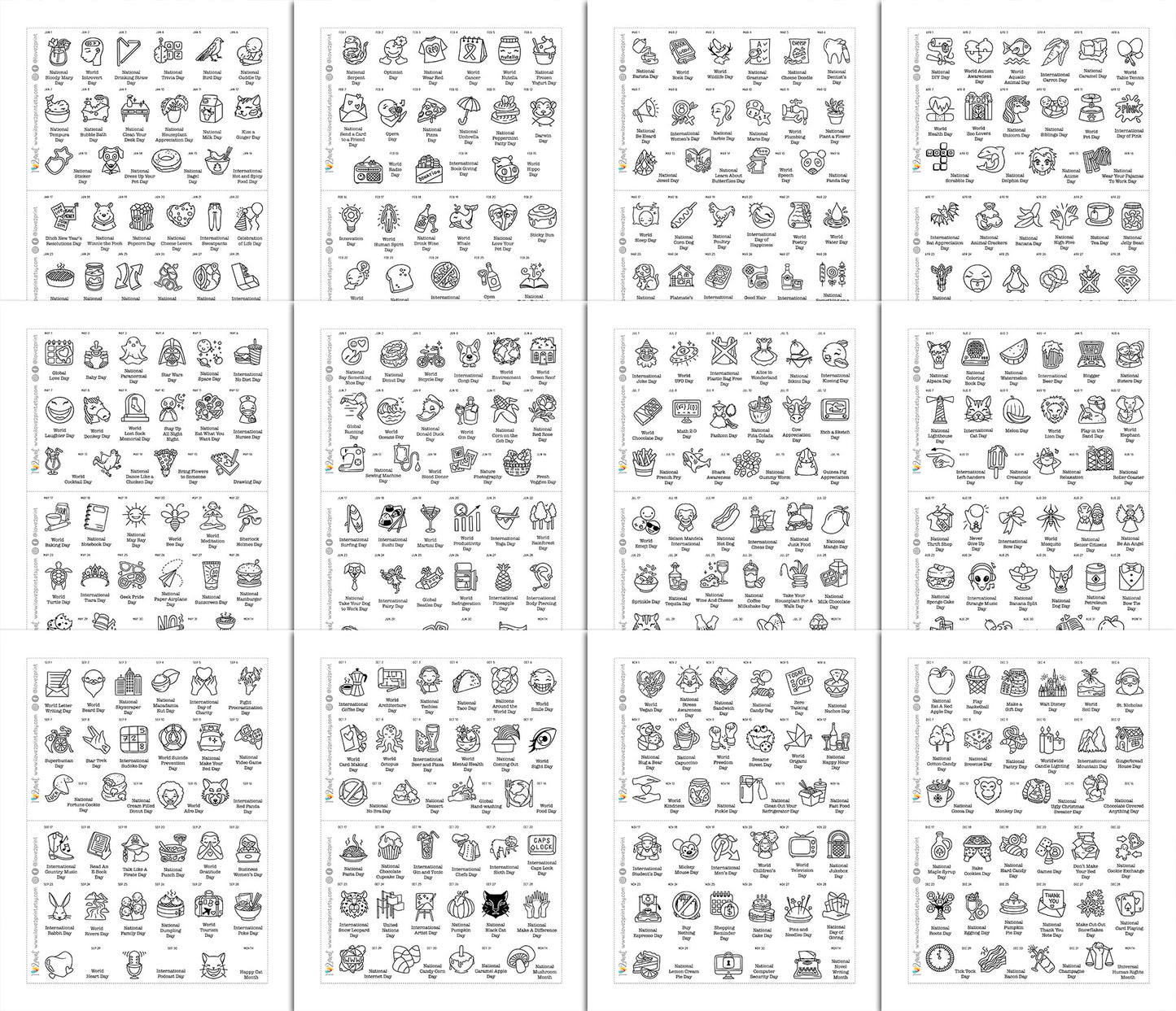 377 Wacky Holidays Stickers – DOODLE Daily Fun Printable Planner Icons - PDF & Cut Files