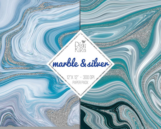 Blue Marble & Silver Digital Papers – Agate Geode Backgrounds for Scrapbooking, Invitations, Stickers & Crafts – Instant Download