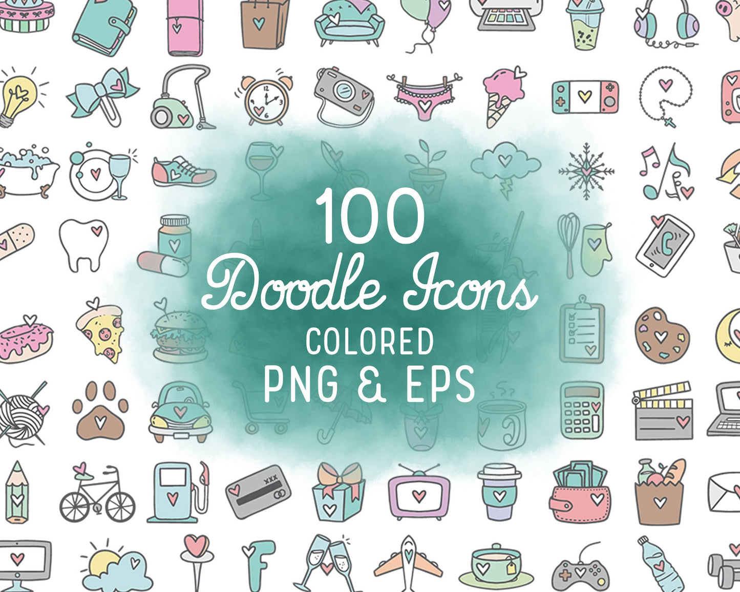 100 Daily Doodle COLOR Icons Clipart Bundle - Planner Icons Digital Stamp - Instant Download