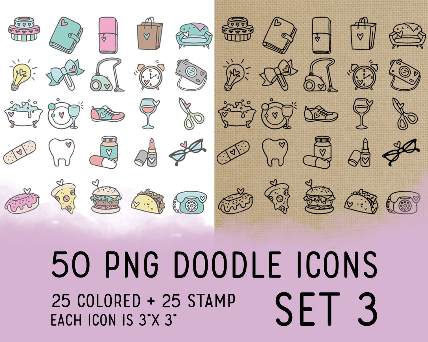 50 Daily Doodle PNG Icons Clipart Bundle SET 3 - Planner Icons Digital Stamp - Instant Download