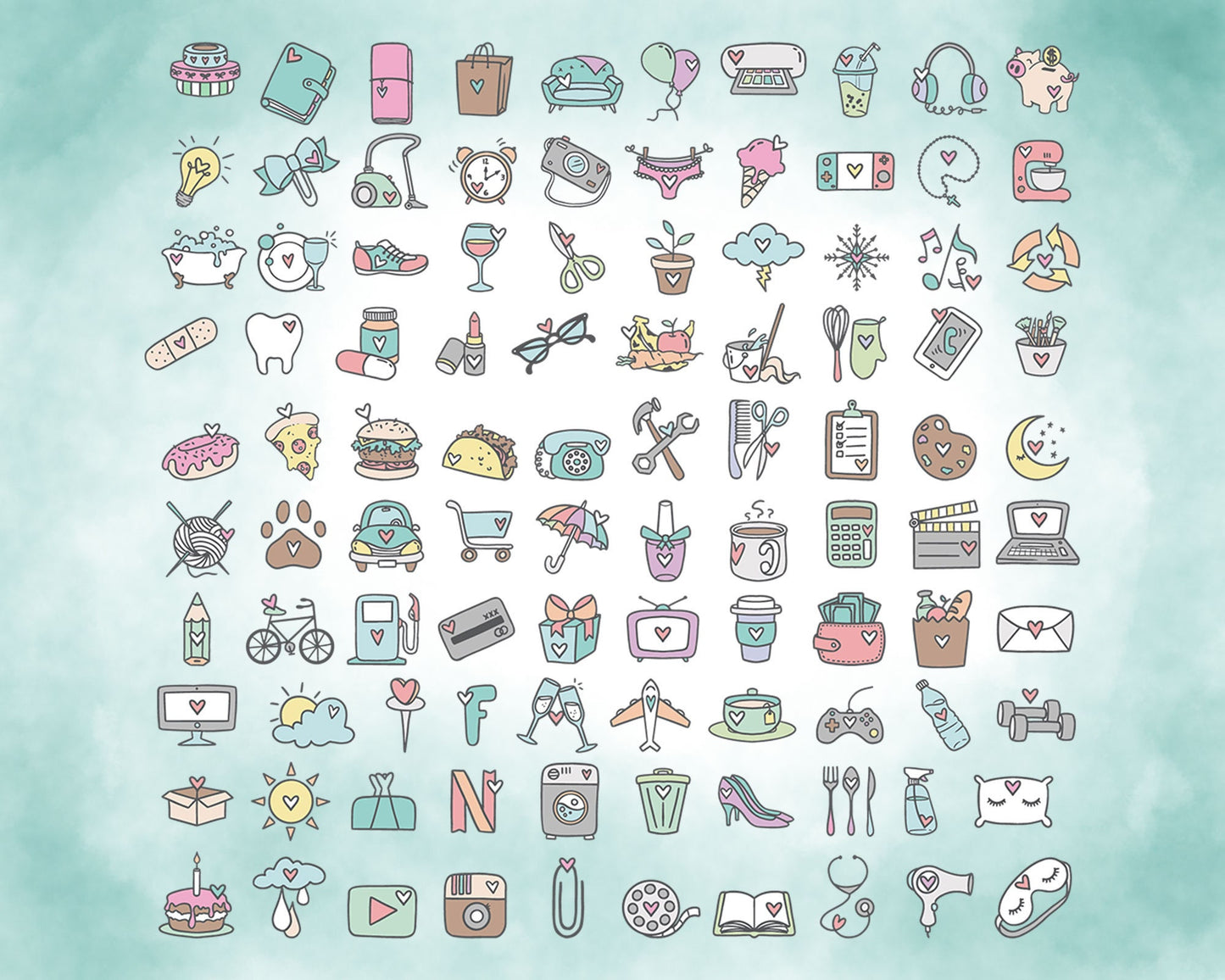 100 Daily Doodle COLOR Icons Clipart Bundle - Planner Icons Digital Stamp - Instant Download