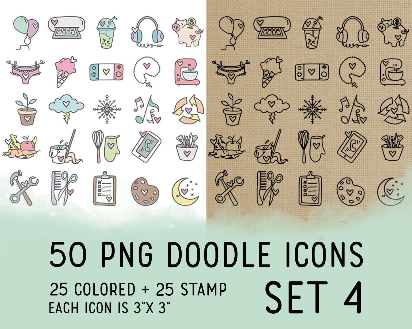 50 Daily Doodle PNG Icons Clipart Bundle SET 4 - Planner Icons Digital Stamp - Instant Download