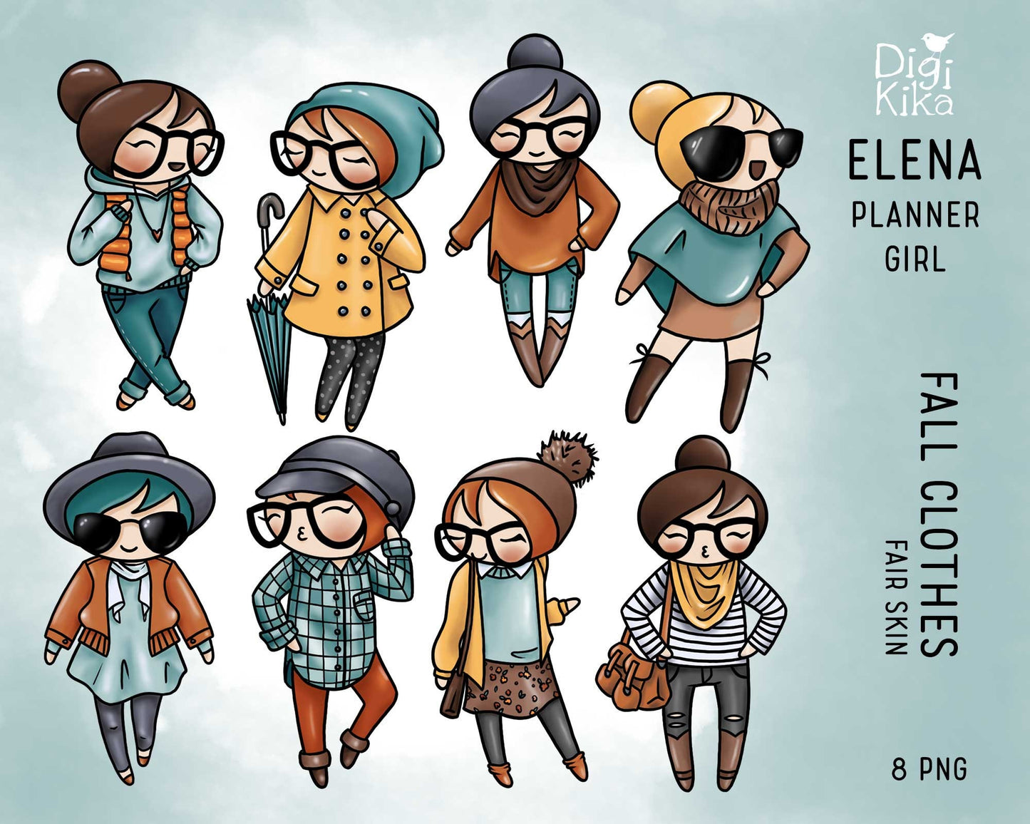 Light Skin Fall Outfit Clipart - Elena Planner Girl SET 1 - Autumn Digital Stamp - Character Planner Sticker, scrapbook, craft, planner clipart