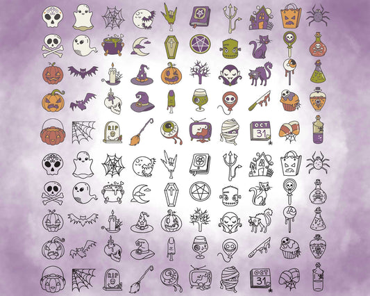 100 Halloween Icons Bundle | Spooky Clipart & Digital Stamps | Planner & Scrapbook Craft Kit