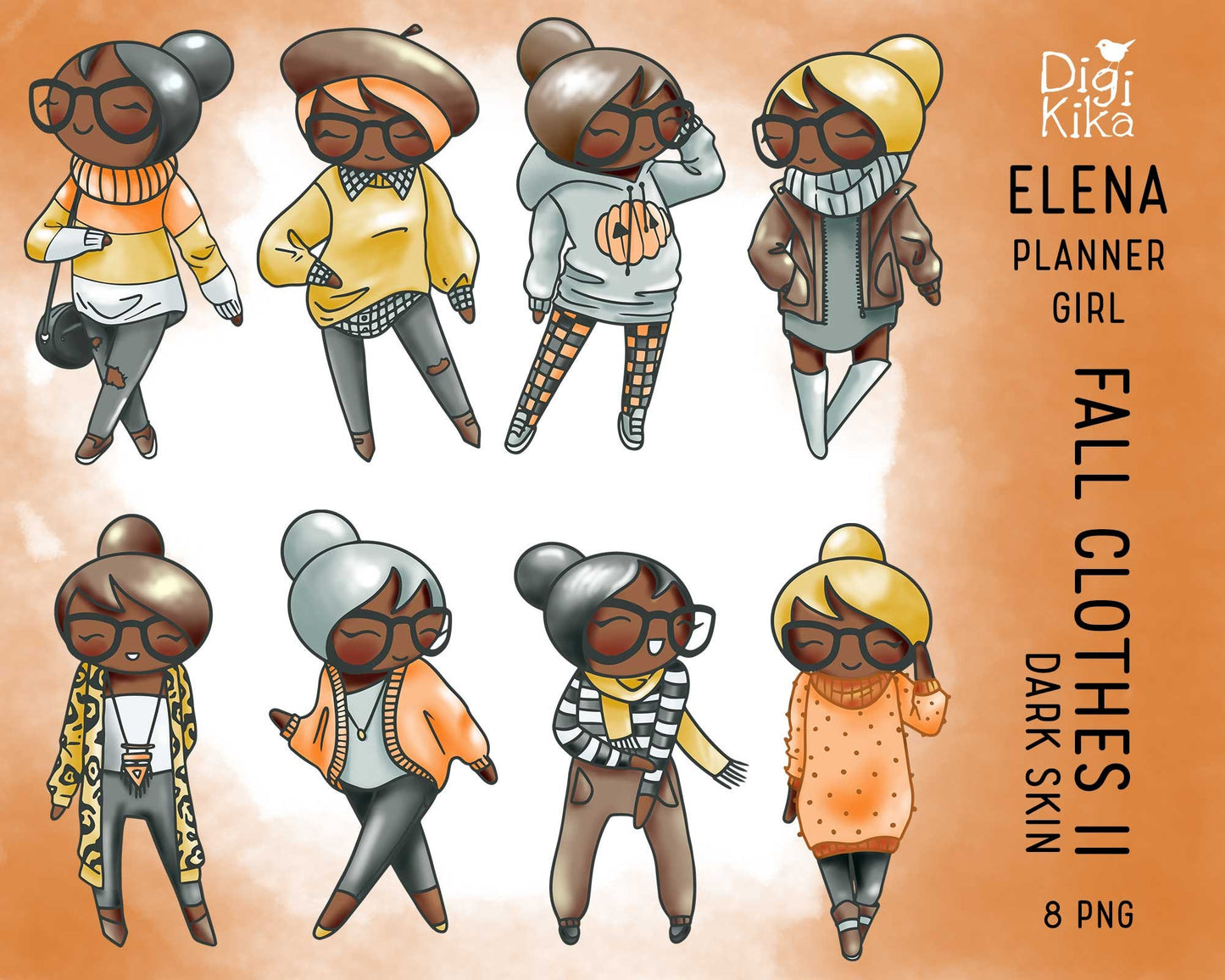 Brown Skin Fall Outfit Clipart - Elena Planner Girl SET 2 - Autumn Digital Stamp - Character Planner Sticker, scrapbook, planner clipart