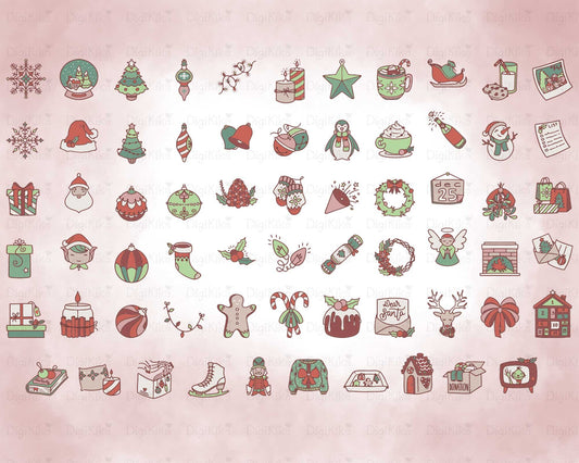 65 Doodle Christmas Icons Color Bundle - Vector Christmas Clipart - EPS Icons for Planner Sticker, scrapbook, craft, planner clipart