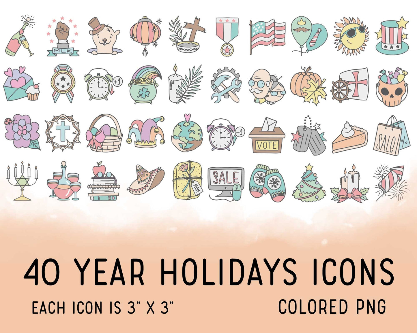 40 USA Holidays Icons Clip Art - Color PNG Icons - Instant Download