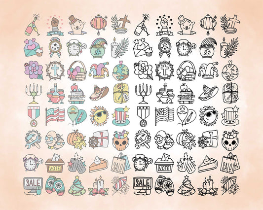 80 Doodle USA Holidays Icons Bundle - Color & Stamp EPS & PNG Celebrations Clipart