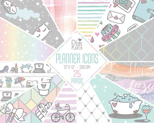 25 Planner Accessories Digital Papers – Planning Time Scrapbook Backgrounds for Cards, Invitations & Crafts – Instant Download