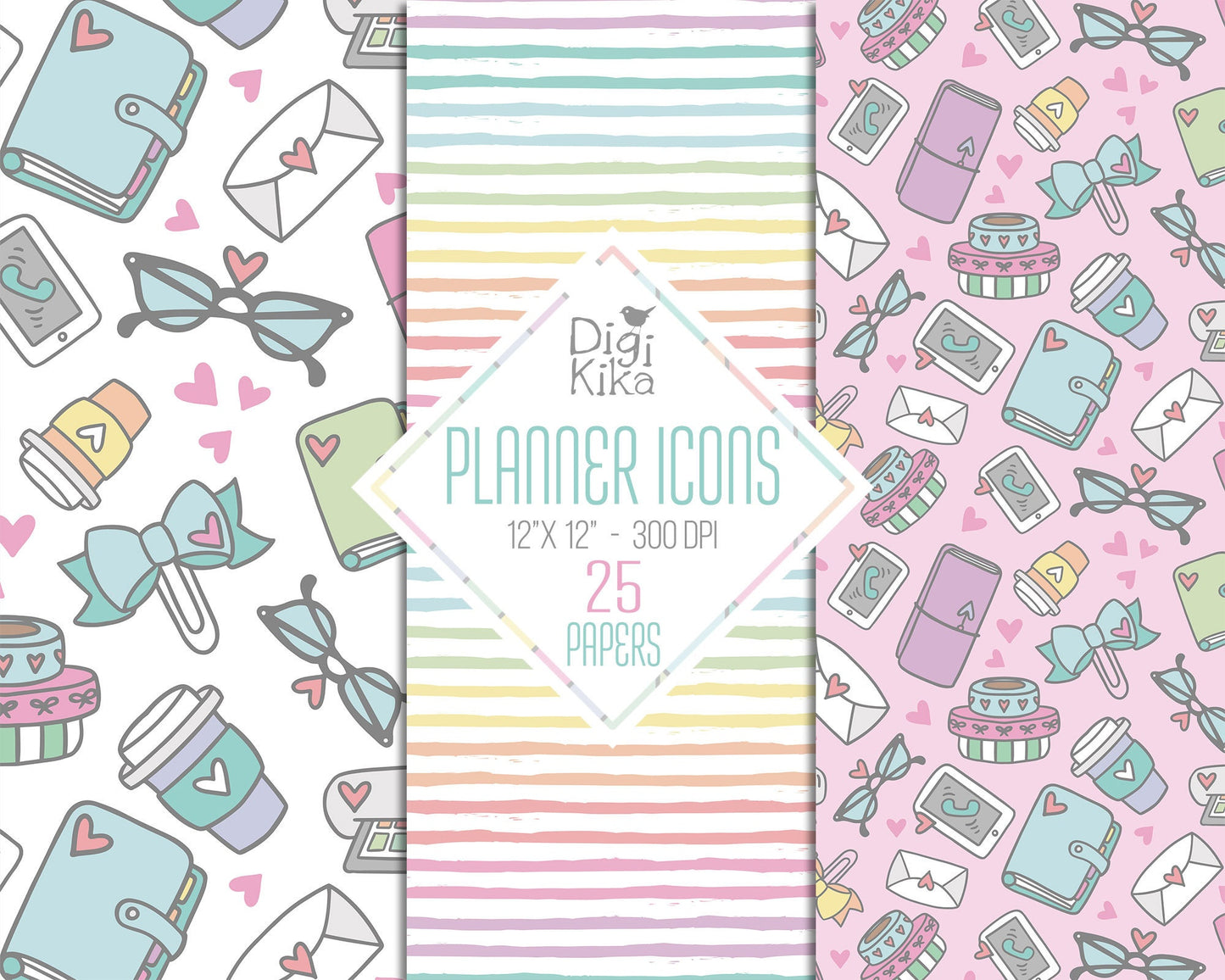 25 Planner Accessories Digital Papers – Planning Time Scrapbook Backgrounds for Cards, Invitations & Crafts – Instant Download