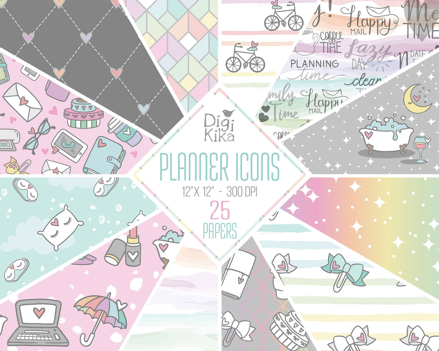 25 Planner Accessories Digital Papers – Planning Time Scrapbook Backgrounds for Cards, Invitations & Crafts – Instant Download