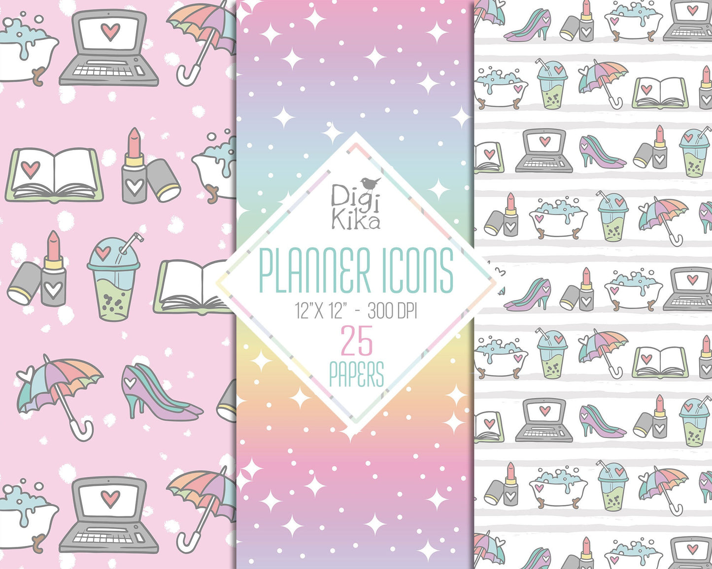 25 Planner Accessories Digital Papers – Planning Time Scrapbook Backgrounds for Cards, Invitations & Crafts – Instant Download
