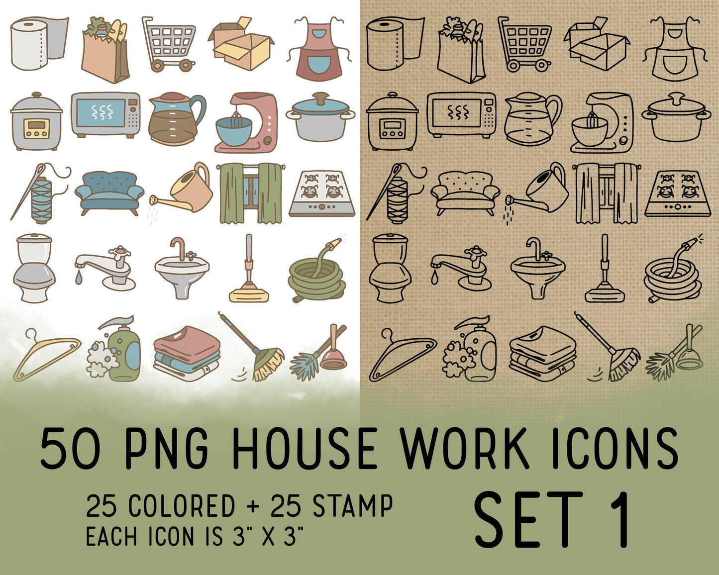 25 Kitchen & Daily Chores Icons Set 1 – Doodle Clipart – Stamp & Colored PNG – Cooking & Home Life