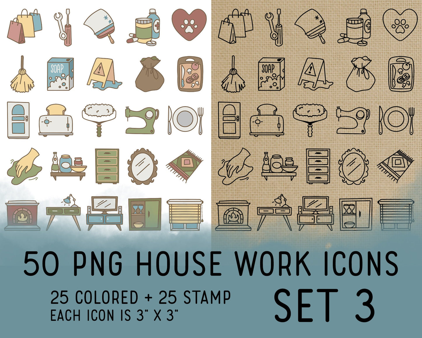 A collection of 50 housework icons in PNG format, divided into 25 colored and 25 stamp images, with each icon sized at 3 inches by 3 inches.