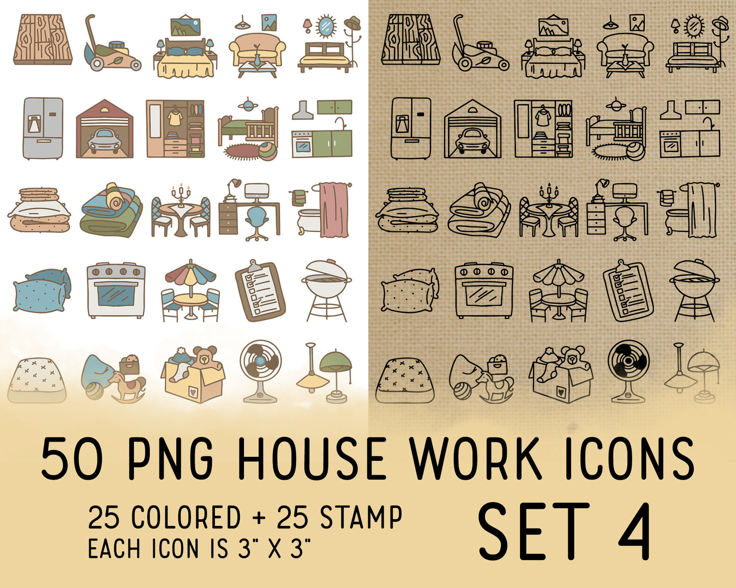 25 Organizing & Decluttering Icons Set 4 – Doodle Clipart Set – Stamp & Colored PNG – Planner Graphics