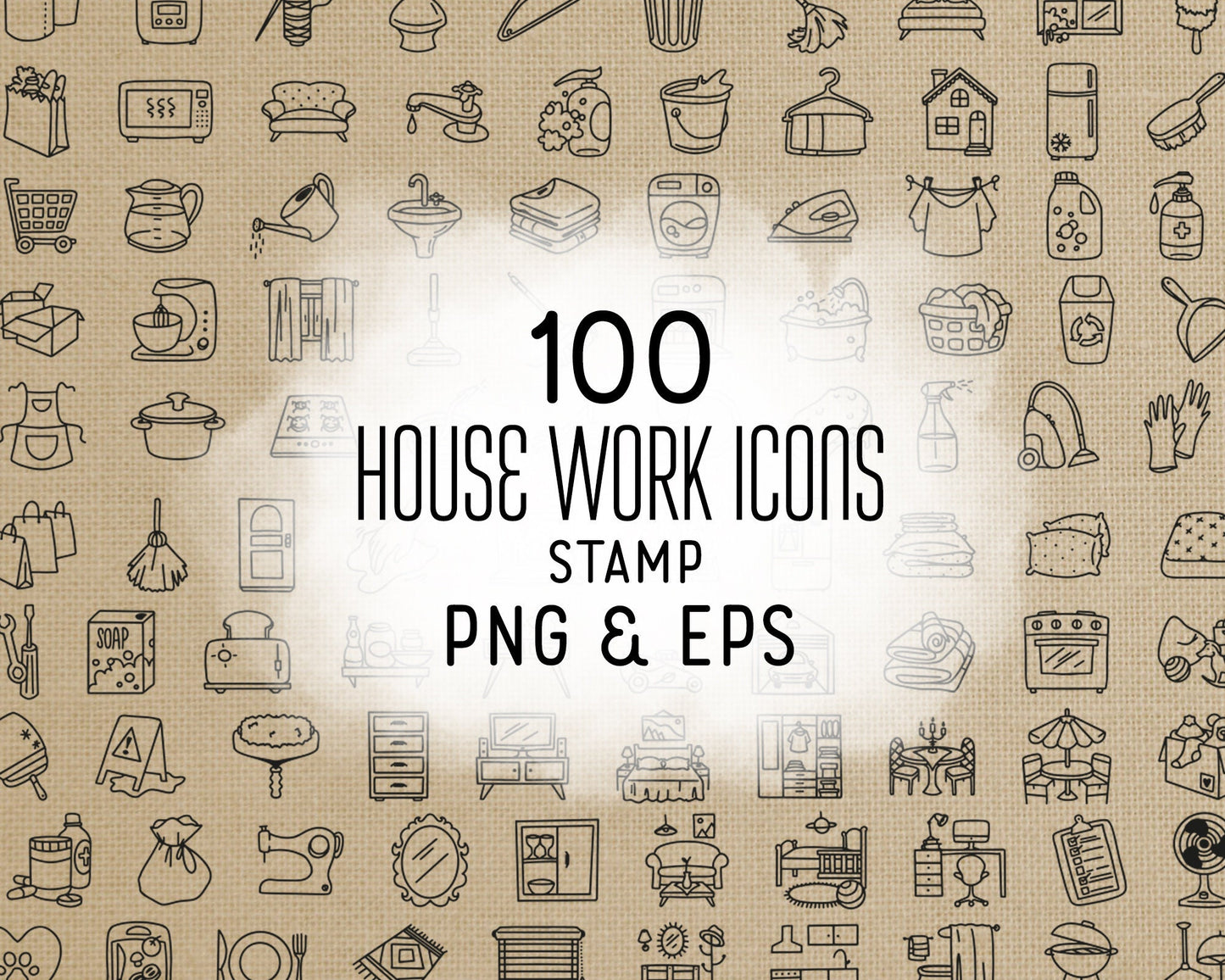 100 Housework Icons – Doodle Stamp Clipart Set – Cleaning, Organizing & Chores – PNG, SVG, EPS & DXF