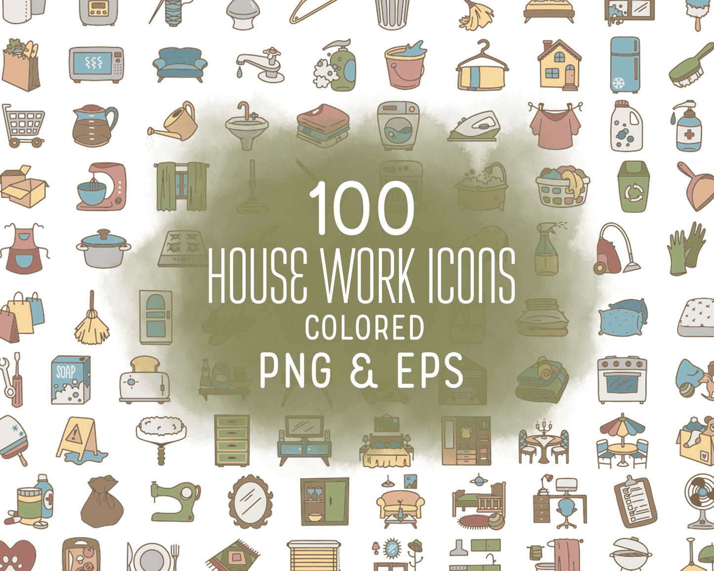Pacote com 100 ícones coloridos de Tarefas Domésticas Clipart - Adesivo Digital de Limpeza