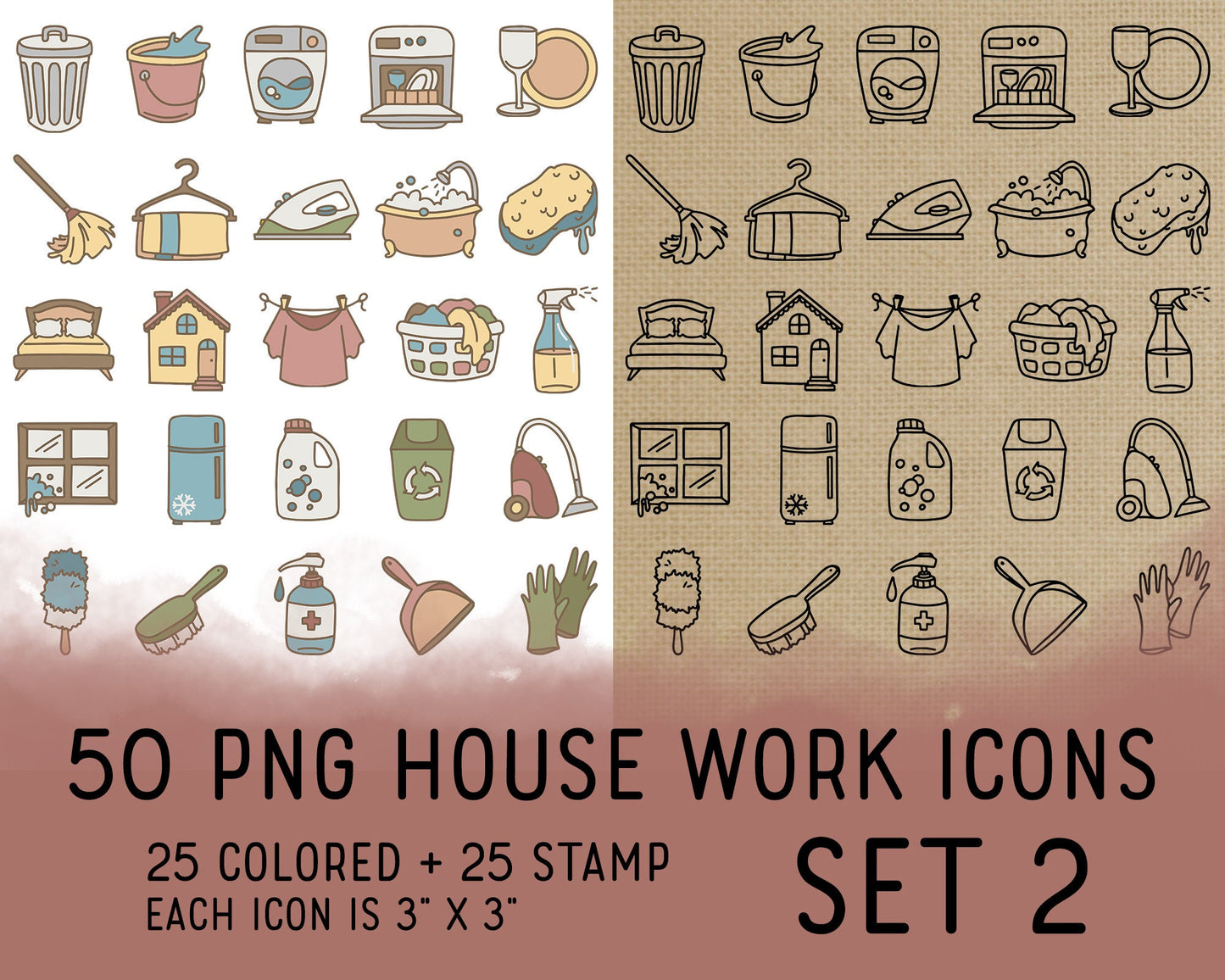 25 Laundry Icons – Doodle Clipart Set 2 – Stamp & Colored PNG – Washing & Clothing Care