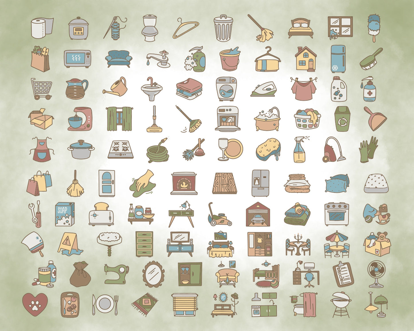 Pacote com 100 ícones coloridos de Tarefas Domésticas Clipart - Adesivo Digital de Limpeza