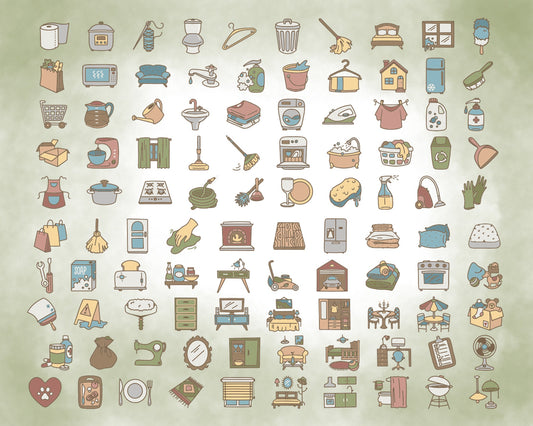 100 Housework Color Icons Bundle - Icons Clipart - Cleaning digital sticker - Chores Icons, planner, scrapbook, craft, planner clipart