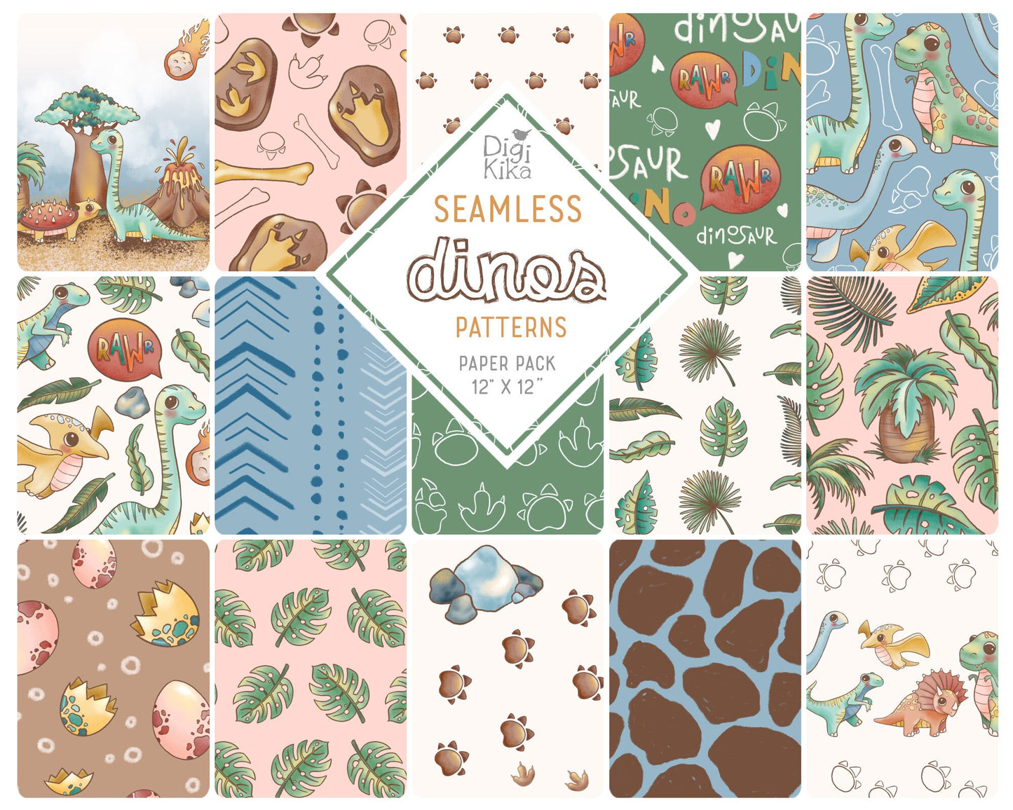 Dinosaurs Seamless Pattern – Tileable Dino Design for Fabric, Wallpaper, Wrapping Paper & Surface Prints – Instant Download